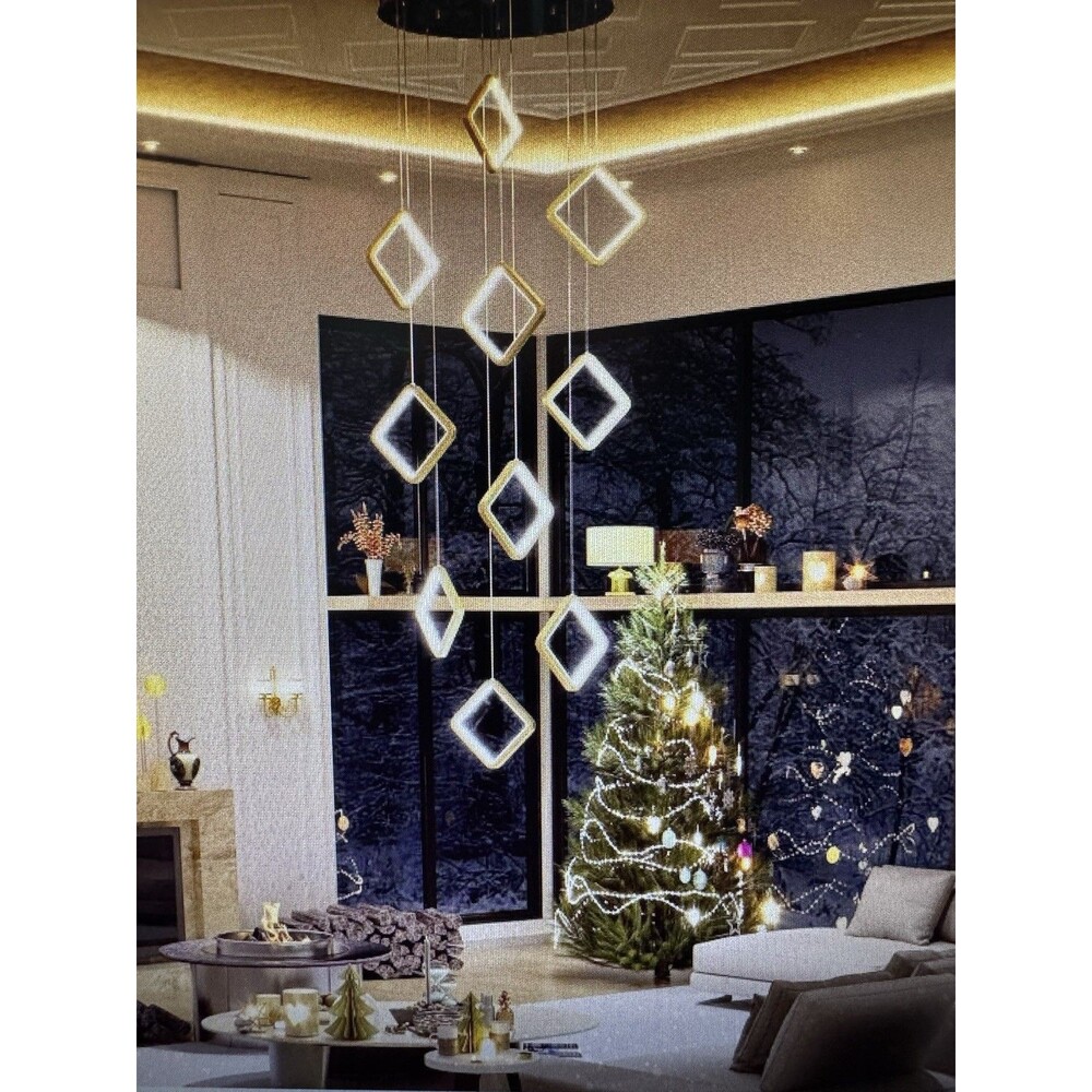 Dimmable 10 Rings LED Chandelier with Remote for High Ceilings - Gold Pendant